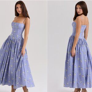 HOUSE OF CB 'Ysabella' Blue Daisy Print Stretch Cotton Midi Sundress nwot